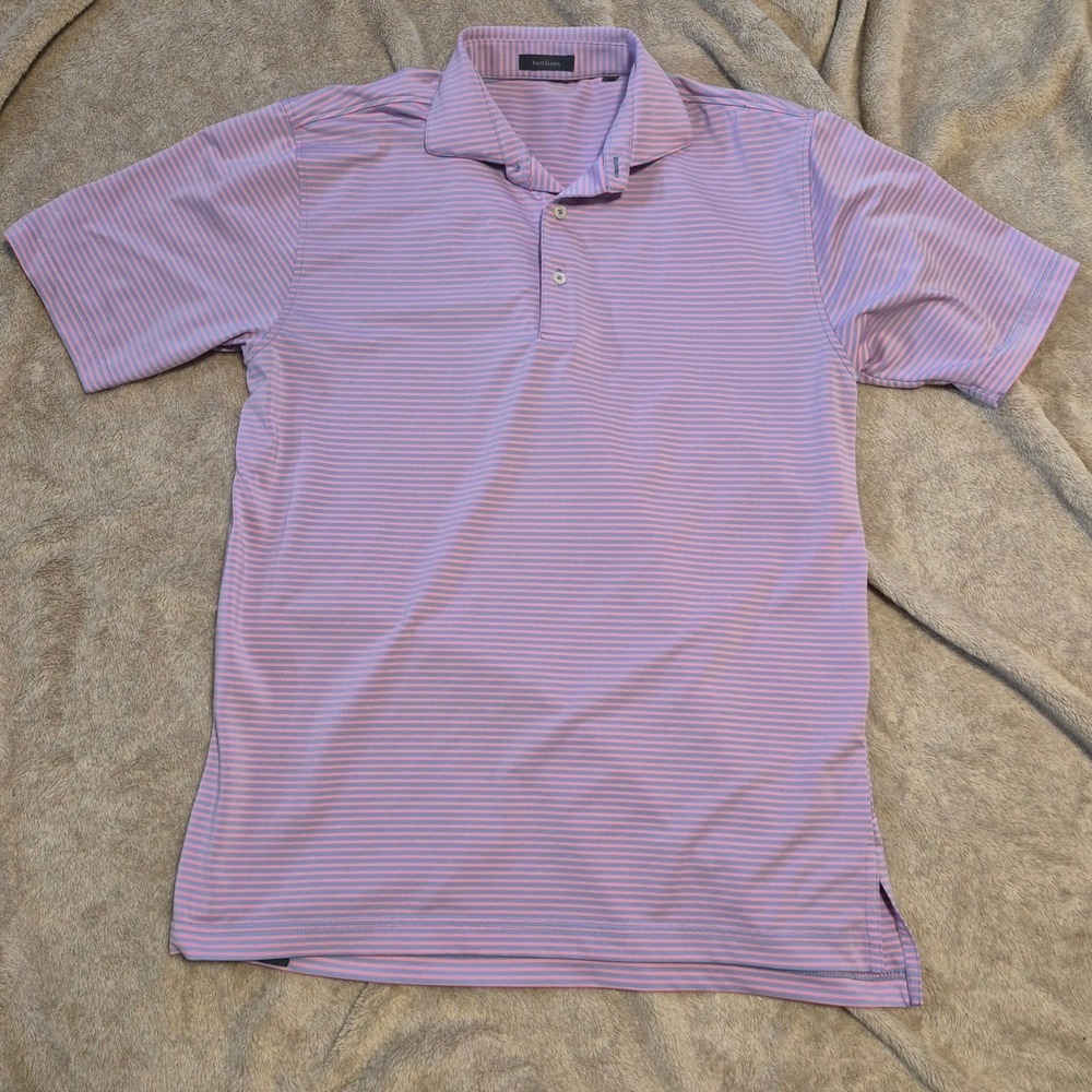 Turtleson Mens Performance Polo Shirt Medium Pink Blue Striped Golf Short Sleeve